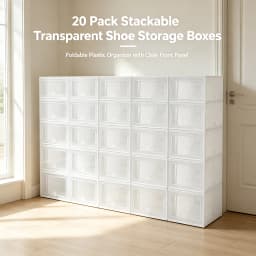 20-Pack Shoe Storage Boxes Transparent Stackable, Plastic Foldable Shoe Organizer Set with Ventilation Holes, Space-Saving for Closet Entryway, Fits Men & Women Shoes, White