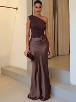 Elegant One-Shoulder Patchwork Satin Maxi Dress Women Sleeveless Ruched Slim Long Dresses 2026 Wedding Guest Evening Party Robes