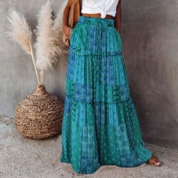 Combhasaki Women's Summer Bohemian Y2K Retro Drawstring Elastic High Waist Casual Loose A-Line Swing Long Skirt with Pockets