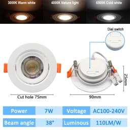 10pcs CCT Spot Downlight Recessed LED Ceiling Light 3 Color Adjusted AC100-240V Dial Swich 3000K/4000K/6500K Indoor Lighting