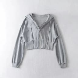 Women Cropped Hoodie Two Way Zipper Jacket Drawstring Hem Sweatshirt Slim Fit Long Sleeve Grey Athletic Yoga Gym Running Top