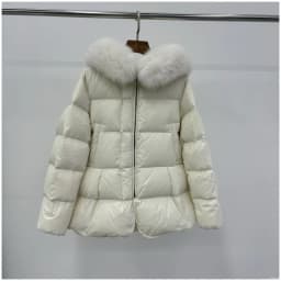Schinteon Women 100% Real Fox Fur Collar White Duck Down Jacket with Hood Autumn Winter Warm Casual A-lined Warm Outwear Cape