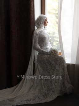 Muslim Lace Weddings Dresses with High Neck Long Sleeves Mermaid Hijab Brides Dress Elegant Islam Garden Bridal Gown Customized