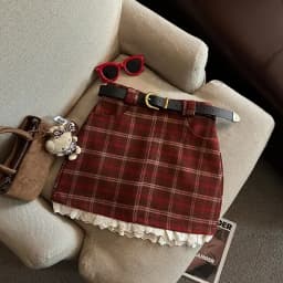 Lace Patchwork Plaid Mini Skirts Women Fall Winter High Waist No Belt Faux Wool Skirts Y2K Fashion Preppy All Match A Line Skirt