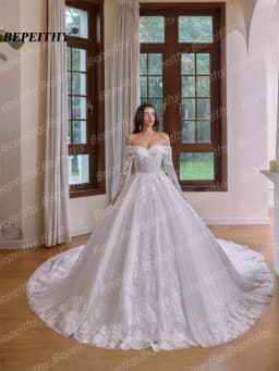 BEPEITHY Customized Princess Off Shoulder Lace Wedding Dresses For Plus Size Women Long Sleeves Bride Vintage Bridal Gown 2026