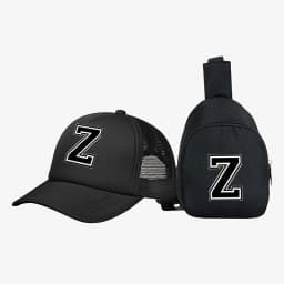 2pcs Kids' 26 letter printed pattern truck hat+chest bag set, stylish casual sunhat, portable storage purse, suitable for daily