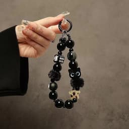 Niche Luxury Black Fluffy Cat Mobile Phone Strap with Beaded Handle Chain Wrist Anti-Theft Clip Bag Accessory