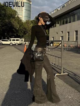 Women's Low Waist Cargo Jeans Black Washed 2000s Y2K Retro Distressed Whiskers Multi-Pocket Bootcut Micro Flare Pants Grunge New