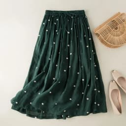 Polka Dot Cotton Linen Skirt Women Drawstring Elastic Waist A-Line Casual Vintage Big Swing Pleated Skirts Summer