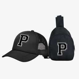 2pcs Kids' 26 letter printed pattern truck hat+chest bag set, stylish casual sunhat, portable storage purse, suitable for daily
