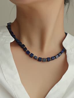 European and American simplicity Lapis Lazuli Blue Square Sweater Chain Necklace Luxury Autumn Winter Accessory Bead Light