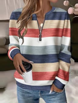 Casual Zipper Hoodie with Regular Fit Mid Length Japanese Korean Casual Digital Print Long Sleeve Striped Spring Women Hoodie