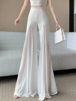White mesh fishtail flared pants women summer thin design high waist hanging feeling elegant chiffon wide leg casual pants