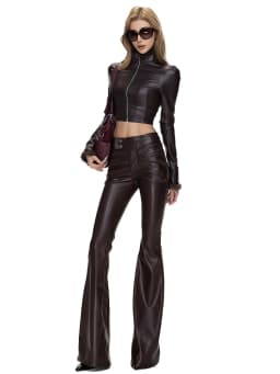 Lautaro Spring Autumn Long Fitted Soft Black Pu Leather Flare Pants for Women Low Waist Sexy Luxury Designer Gyaru Clothes 2026