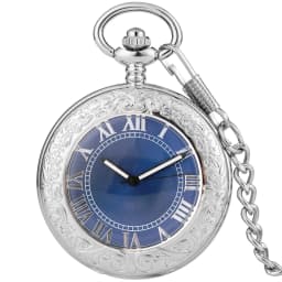 Transparent Glass Roman Numerals Blue Dial Automatic Mechanical Pocket Watch Silver Fob Chain Pendant Pocket Clock Vintage Gift