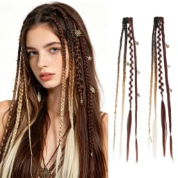 Clip in Braid Hair Extensions for Women, 20" Boho Dreadlock Clip in Braids with Beads & Charms, 2PCS Synthetic Braided Hairpiece