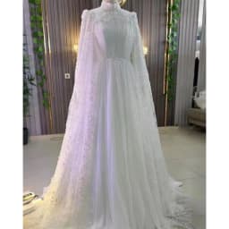 Customized High-Neck Beaded Appliques Shawl Long Sleeves Wedding Dress 2026 Muslim A-Line Floor Length Sweep Train Bridal Gown