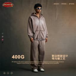 ZODF Retro Winter Men 400gsm Monkey Washed Zipper Hoodie Unisex High Street Loose Edge Ripped Distressed Hooded Pullovers HY1117
