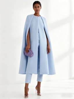 Freeacy Women's Autumn Elegant Clothes Round Neck Long Cape Outerwear & High Waist Pants Solid Color Party Wear Two-piece Sets