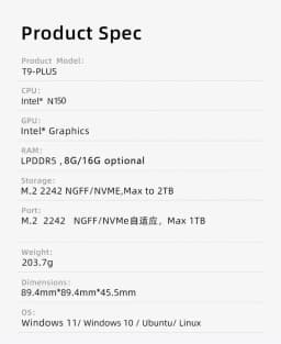 SZBOX T9 Plus Intel Twin Lake N150 Mini PC Windows 11 LPDDR5 8GB/16GB M.2 SSD Wifi BT RJ45*2 Desk Office MINI PC Gamer Computer