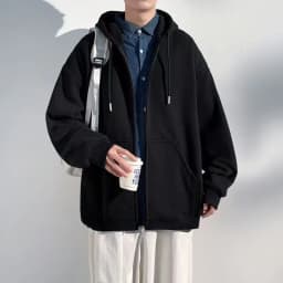 Men's Spring 2027 Hooded Sweatshirt Jacket, Lightweight and Loose-Fitting Fall Top, Available in Gray, Black, and Brown.