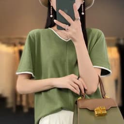 100% Cotton T-Shirt Women's V-Neck Pullover Short Sleeve Summer New Casual Knitting Loose Top Fashion Color Contrast T-Shirt