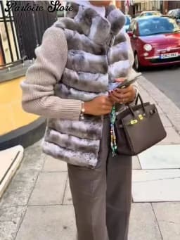 Stand Collar Knit Sleeve Patchwork Striped Faux Fur Jacket Loose Zipper Up Mid-length Coat 2026 Winter Fashion Lady Chic Outwear