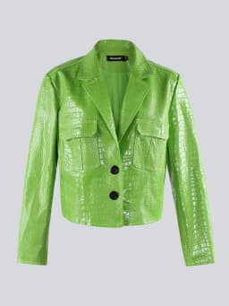 Lautaro Spring Autumn Short Cool Stylish Shiny Reflective Crocodile Print Patent Pu Leather Jacket Women Runway Fashion 2023