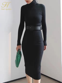 H Han Queen Knitted Turtleneck Sweater Bodycon Dress Bottoming Women Soft Elastic Autumn Winter Midi Party Dresses With Belt