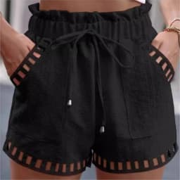 Cotton Linen Women's Solid Color Shorts Thin Hollow Out Design Trim Pocket Tight Waist Shorts Beachwear Casual Female Clothes