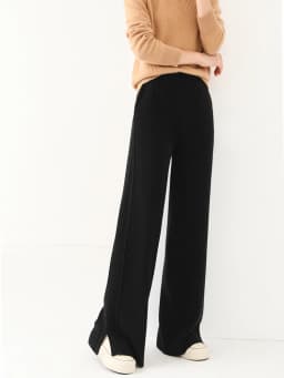 Women Wool Wide Leg Pants Threaded Elastic Waist Cashmere Trousers Autumn Winter 100% Merino Wool Knitted Soft Slit Design Pants