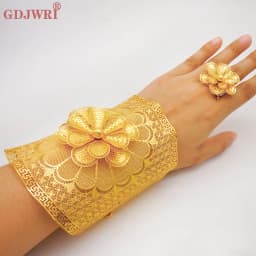 France Luxury Chain Cuff Bangle & Ring For Women Dubai Gold Color Indian Moroccan Big Bracelet Jewelry Arabic African Wedding