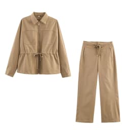 HH Female Causal Pants Suits Long Sleeves Solid Zipper Bomber Jackets+Drawstring Pants Autumn Fashion Safari Wear Khaki Set