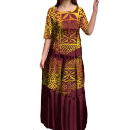 Anti-wrinkle 8XL Polynesian Milk Silk O-neck Tiered Dress Hot Selling Pacific Island Art Hawaii Design Evening Mermaid Dresses
