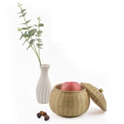 Round Rattan Boxes with Lid Hand-Woven Multi-Purpose Wicker Tray Picnic Food Bread Table Storage Basket