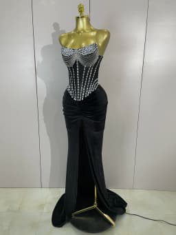 Luxury Sparkly Rhinestones Mesh Sexy Split Velvet Long Dress With Gloves Birthday Celebrate Wedding Gown Stage Photo Shoot Wear