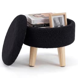 JHK Round Storage Ottoman Stool Teddy Velvet Padded Seat Footstool with Hidden Storage Wood Legs for Living Room Bedroom