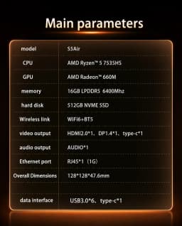 Soyo S5 Air Mini Pc Amd Ryzen 5 7535Hs 16Gb LPDdr5 512Gb M.2 Ssd Windows 11 Pro Amd Radeon Graphics Mini Desktop Computer Dual HDMI Type-C Rj45 Home Office Gaming Micro Pc