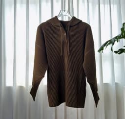 Miyake Women Pleated Hooded Top Drawstring Long Sleeve Loose Solid Color Vertical Pleat Blouse