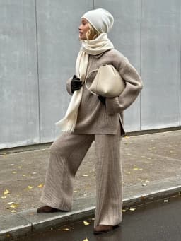 Wolfeel Women's New Autumn Winter Collared Half Zip Ribbed Knit 2-Piece Set Oversized Wide Leg Pants Fashion Sweater Suit