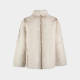Women's Beige Cropped Fluffy Faux Fur Coat Button Stand Collar Winter Warm Thick Elegant Luxe Chic Outerwear