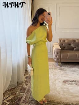 Solid One Shoulder Dresses 2026 Summer Lady Elegant Skew Collar Waist-cinching Sleeveless Split Long Dress Women's Party Gowns