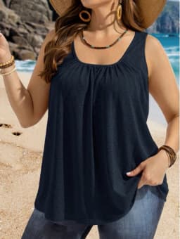 Plus Size Sleeveless Eyelet Embroidered Tank Tops for Women Square Neck Loose Fit Casual Camisoles with Curved Hem