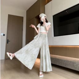 Summer Thin High Waist Wide Leg Ice Silk Skirt Pants Women's Stylish Dyed Korean Style Casual Pants Nine Points High Waist