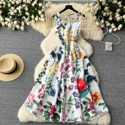 Vintage Elegant Pleated Square Collar sleeveless Print Dress A-line Fashion Spring summer Vestidos Women Bandage Dresses