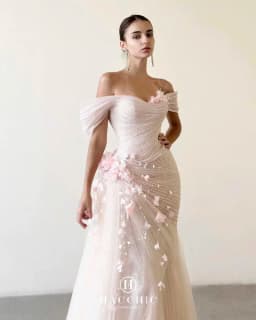 MisShow Customized Pink Off-The-Shoulder Mermaid Wedding Dress Flowers Tulle Sleeveless Wedding Party Dress Evening Dresses