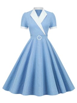 Tonval Lavender Contrast Collar and Cuff Plaid Rockabilly Vintage Style High Waist Women Summer Elegant Formal Swing Dresses