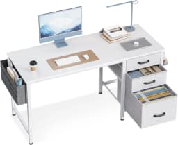 40" Small Home Office Computer Desk Snow White Fabric Drawers File Cabinet Storage Bag Hook Writing Desk for Bedroom Small Space