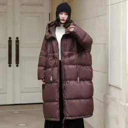 Schinteon Women White Duck Down Jacket with Hood Autumn Winter Warm Long Outwear Over Size Loose Coat 2026 New