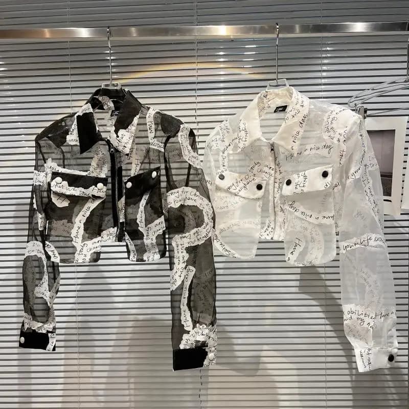Fall 2026 New Style Small Fragrance Wind English Letter Transparent Mesh Shirt Short Outerwear Top Women's Casual Fashion